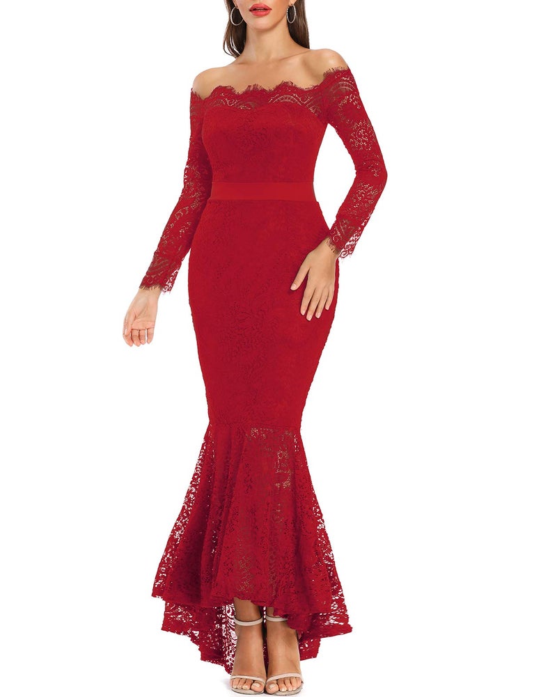 LALAGEN Women's Floral Lace Long Sleeve Off Shoulder Wedding Mermaid Dress Red L - Image 1